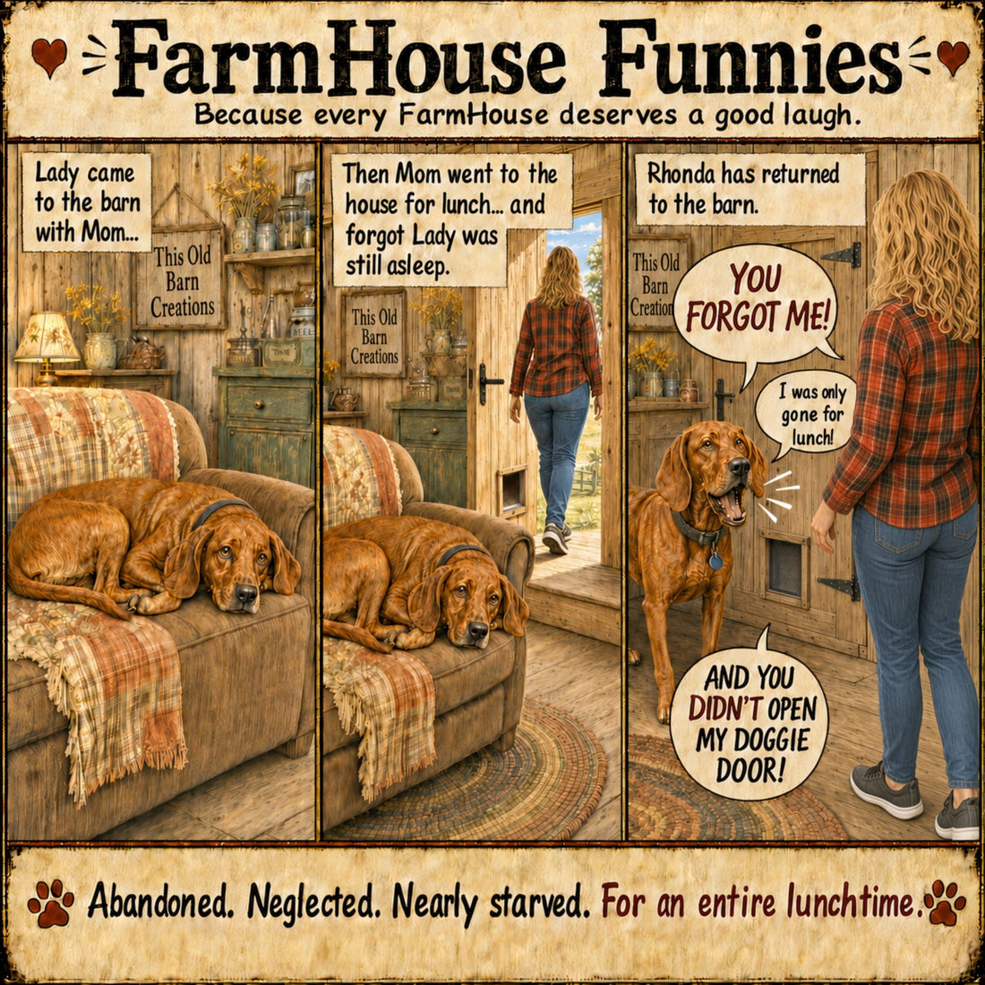 FarmHouse Funnies cartoon featuring Lady the Redbone Coonhound scolding Rhonda for forgetting her in the barn at lunchtime