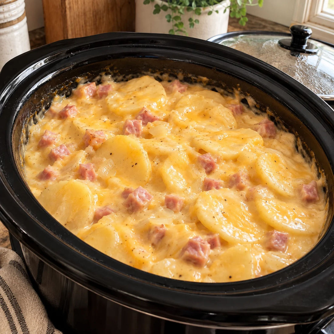 FarmHouse Kitchen - Crockpot Cheesy Scalloped Potatoes and Ham