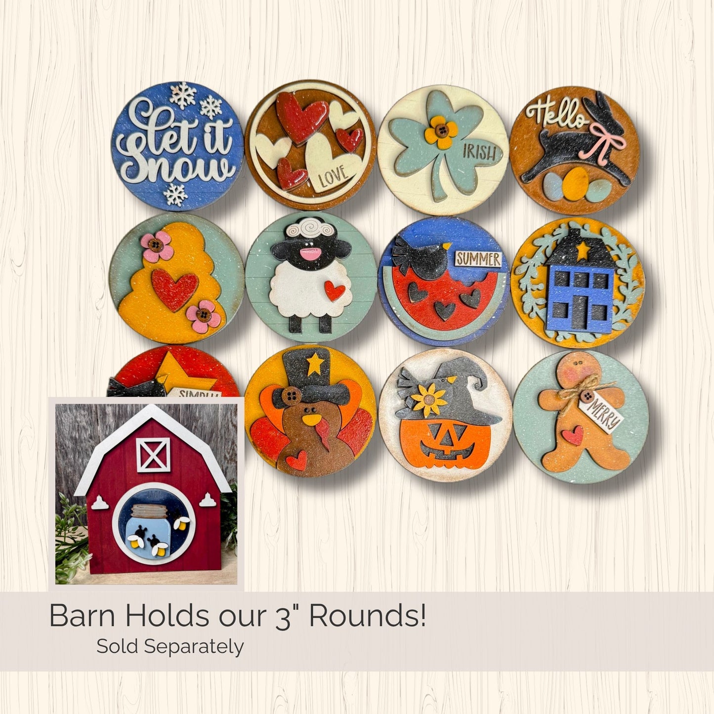 FarmHouse Rounds Barn Frame Base | Hand Painted | Interchangeable 3" Round Display | Red or White